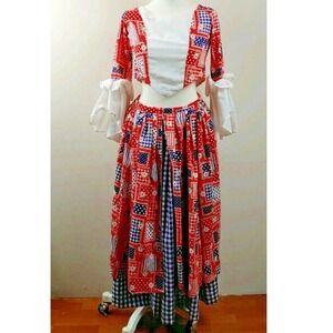 Patchwork Skirt Set Ruffle Sleeve Crop Top Maxi Skirt Red Blue White